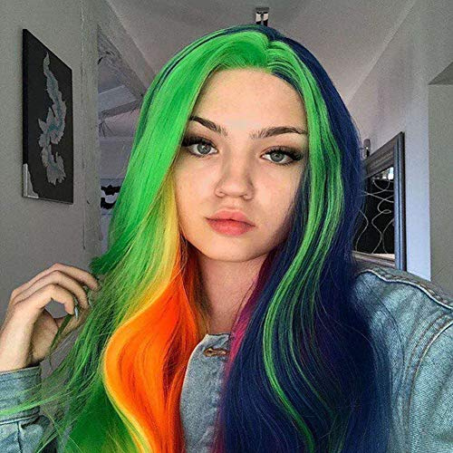 AFBeauty Rainbow Wigs for Women Long Wavy Colorful Rainbow Free Part Wig Synthetic Multi-Colored Glueless Heat Resistant Fiber Lace Frontal Wig 24inch