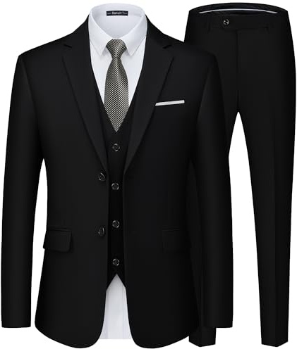 Saruit Men's Suits Slim Fit Tuxedo Suit Set 3 Piece 2-Button Solid Prom Wedding Party Blazer Vest Pants Black