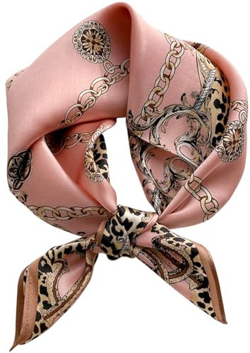 kcctoo Kopftuch für Damen, Maulbeerseide, quadratischer Ausschnitt, Satin-Schal für Tasche, Haarschal, Geschenk, 69,8 cm, K010-pinke Kette mit Leopardenmuster, 69,8 x 69,8 cm, 27.5×27.5/70 x70cm