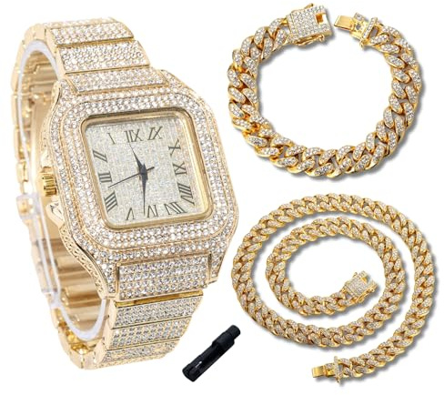 Genkigold Diamantuhr für Teenager Jungen – 40mm Römische Ziffern Quadratisches Zifferblatt – 18K Echtgold/Platin/Rhodium Schwarz Plattiert 18,5cm Armband – Inkl. Werkzeug, Kombinierbar mit Cuban-Kette
