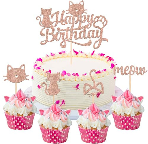 25 Stück Katze Cupcake Toppers Glitzer Katze Tortendeko Kätzchen Kuchen Deko für Kätzchen Thema Baby Dusche Kinder Geburtstag Party Kuchen Dekorationen Rosegold