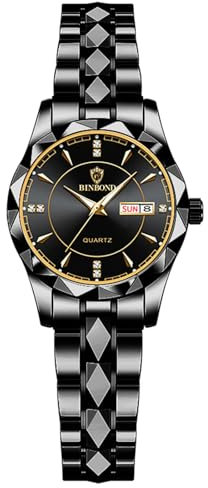 JewelryWe Damenuhr Edelstahl Uhren Damen: 30m Wasserdicht Kalender Analog Quarz Armbanduhr Frauen Schwarz Edelstahl Armband Lässig Business Uhr mit Schwarz Zifferblatt und Gold Leuchtzeiger