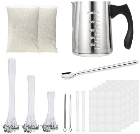 VIKY Kerzen Selber Machen Set, DIY für Erwachsene, Kerzendocht Set Mit 100 Stück Dochte, Kerzenwachs 500g, Wachsschmelztopf 600ml, 100 Dochte Aufkleber für Kerzenherstellung