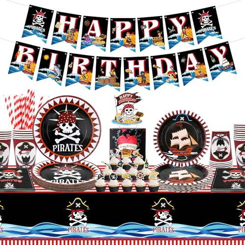 Decorazione per feste di compleanno pirata, accessori per feste di pirata, piatti tazze tovaglioli tovaglia striscione buon compleanno decorazioni per torta per Halloween bambini ragazzi per 20