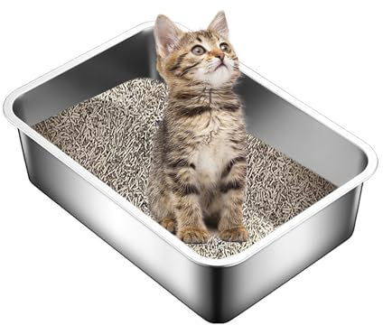 Suhaco Stainless Steel Cat Litter Tray 45 x 35 x 15cm High Sided Litter Box Kitten Litter Trays for Rabbits & Small or Medium Cats Litter Boxes