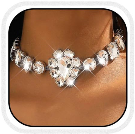 Fashband Halskette mit Kristallen, Choker-Halskette, silberfarben, Strasssteine, glitzernder Halsschmuck für Damen (A)