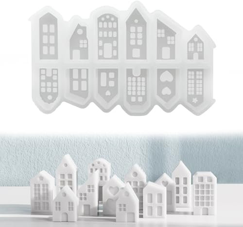 LOYEBOHU Silikonformen Gießformen Häuser, 12 Stück Mini Silikonform Haus, Gießformen Silikon Weihnachten, Gips zum Gießen Silikonform Weihnachten, DIY Giessformen Silikon, Kerzenformen zum Gießen