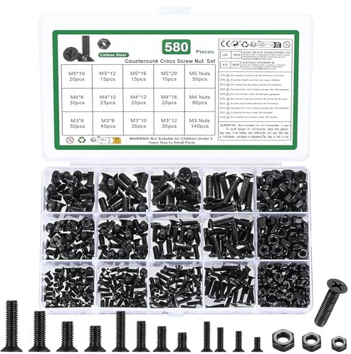 Juego de 580 tornillos M3 M4 M5, tornillos de cabeza avellanada, juego de tuercas y tornillos de cabeza plana, juego de tornillos de cabeza plana y tuercas, surtido de tornillos de máquina con