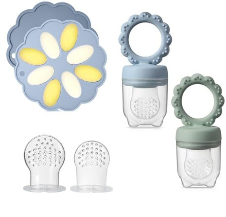ZUFIO Fruchtsauger Baby -Fruchtsauger Baby ab 6 Monate (2 Fruchtsauger + 1 Eisform+3 Schnuller) für Babynahrung Muttermilch Eiswürfel(Blaues Tablett/Grün 2+1)