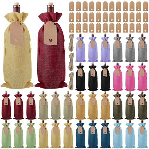 36 Pcs Burlap Wine Gift Bags Bulk, Reusable Single Wine Bags with Drawstrings, Champagne Bottle Cover with Ropes and Tags for Wedding Easter Birthday Holiday Party