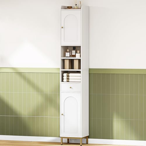 Hzuaneri Badezimmerschrank, Badschrank Hochschrank, Hoher Badezimmer mit 2 Türen und Schublade, Offene Fach, Badschrank mit Verstellbarem Regal Für Wohnzimmer, Arbeitszimmer, Weiß BC29013G