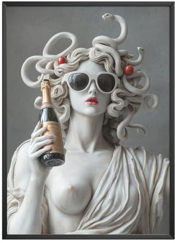 MJ-GRAPHICS® Poster Medusa Wandbild Skulptur Champagner Poster Sonnenbrille Fine-Art Kunst Küche Wohnzimmer Wanddeko Büro Mood Poster Göttin Pop Art Vintage Wandkunst – A2-Format, ohne Rahmen