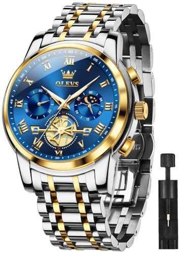OLEVS Herren-Armbanduhr, Chronograph, Edelstahl, Quarz, Business-Kleid, leuchtend, wasserdicht, multifunktional, Herren-Armbanduhr, TN-G2859-Blau, Armband