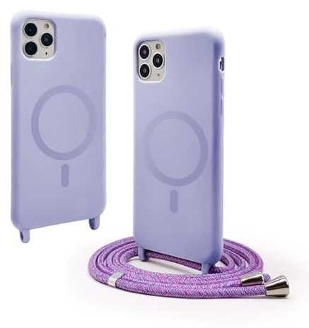 BGHHEU Magnética Funda con Cuerda para iPhone 11 Pro MAX [Compatible con Magsafe],Ajustable Collar Correa de Cuello CordónCarcasa de Silicona,Carcasa Protectora Silicona AntiChoque,Morado