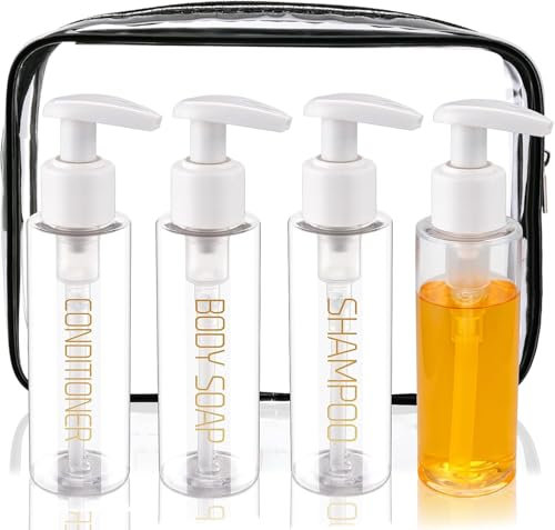 Hokretme Travel Bottles for Toiletries 4 Pcs 100ml Plastic Pump Bottle Dispenser TSA Approved Refillable Shampoo and Conditioner Empty Travel Size for Cosmetic, Lotion, Liquid Soap (Clear)