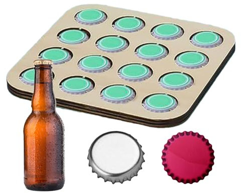 Bottle Cap Display, Wooden Lid Tray, Square Beer Cover Board, 4.33 Inches, 16 Slot Collector Holder, Decorative Storage Frame, Ideal for Shelf, Wall, Desk, Bedroom, Living Room
