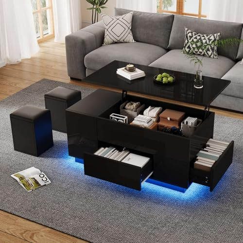 EURHCIO Table Basse Relevable 100x50x45cm,Table Basse Salon Pliante Moderne avec Plateau Déformable,Éclairage LED,2 Tabourets à Rangement,2 Tiroirs,Rangement Dissimulé(H-Noir)