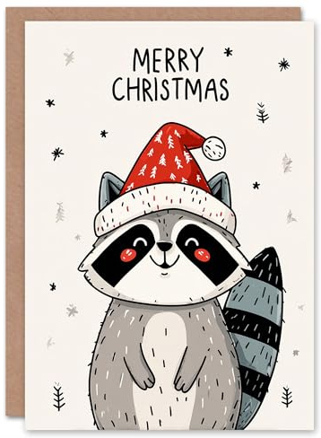 Artery8 Christmas Card Cute Happy Kawaii Cartoon Racoon In Santa Hat