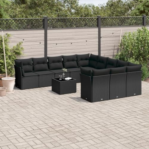 Mandloder 12-TLG. Garten-Sofagarnitur Schwarz aus Poly Rattan, mit Kissen, Stauraum & Glastisch, Modulares Design für Terrasse, Balkon