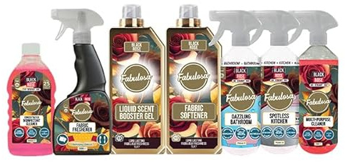 Fabulosa All-in-One General Household Cleaning Bundle, Oud Cleaners and Fresheners, Antibacterial Sprays and Disinfectants Long Lasting Fabric Softener and Liquid Scent Booster Gel, 7 Pack, Black Rose