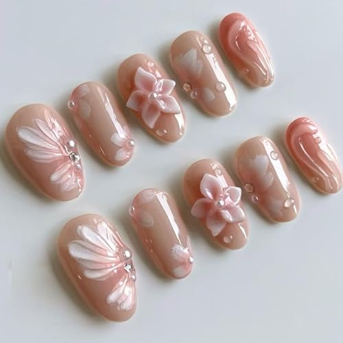 Bafutayawa Falsenails, Press-On Nails Medium Almond with 3D Lily Design, Stick-On Nails for Women