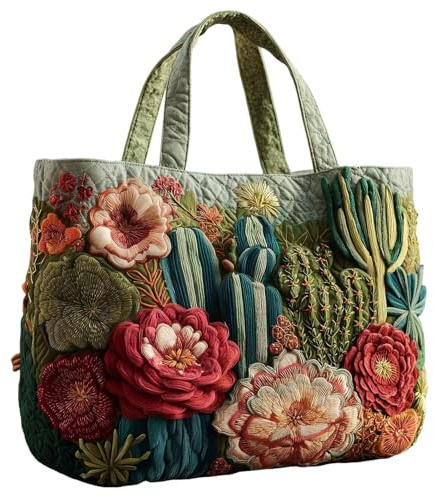 Gesteppte Tragetasche Für Damen, Gesteppte Handbedruckte Tragetasche Aus Canvas Vintage-Handtaschen Mit Blumen- Und Tiermotiven, Gesteppt, Mit Innentasche Für Reisen Und Arbeit (G, 40x34cm)