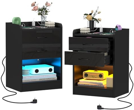 Lvhcmfohm 2er Set Nachttisch LED mit Steckdose (2 AC-Steckdosen & 2 USB-Anschlüsse), Nachtschrank mit Led Licht, Nachtkommode mit 2 Schubladen und Offenem Stauraum für Wohnzimmer, 40x35x65cm, Schwarz