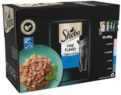 Sheba Fine Flakes in Jelly – Fish Collection – Wet cat food pouches for adult cats – 12x85g pack