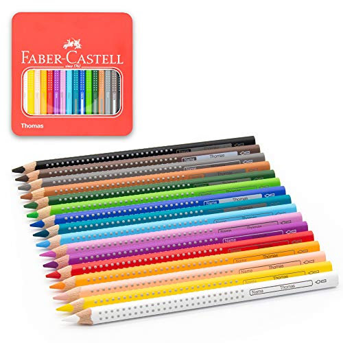 Faber Castell 16er Set Jumbo Buntstifte mit Grip mit Namen - individuell graviert + inklusive Metallbox personalisiert