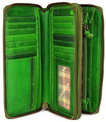 Hochwertige XXL Vintage Leder Damen Geldbörse Portemonnaie langes Portmonee Geldbeutel Organizer aus weichem Leder mit extra vielen Fächern inkl. RFID in grün - 20x11x3,5cm (B x H x T)