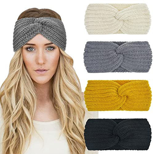 DRESHOW Stirnband Damen Winter Strick, Stirnband Mädchen, 4 Pcs Stirnbänder Strick, Haarband Ohrenwärmer Elastische, Herbst Und Winter Stirnband Damen