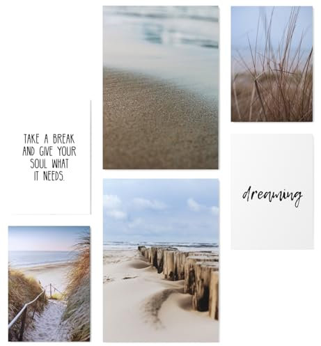 Papierschmiede® Mood Poster Set Beach Walk, Bilder Wohnzimmer Deko Schlafzimmer, 2x DIN A4 und 4x DIN A5, Dünen Meer Strand Schilf - Wandposter ohne Rahmen