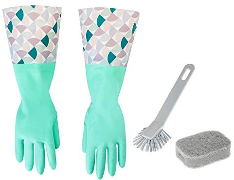Vigar Juego esencial de limpieza de platos de 3 piezas, incluye cepillo para platos, esponja de tres capas y guantes para lavar platos