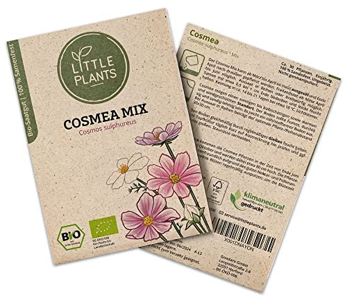 Little Plants BIO Cosmea Samen Mischung, 30 Cosmeasamen, hohe Keimrate, 100% Natürlich, BIO Samen Cosmea Mischung Schmuckkörbchen für Blumengarten, Blumenbeet, Hochbeet – BIO Blumensamen