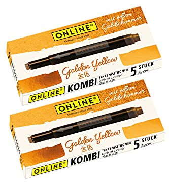 ONLINE Golden Yellow combination ink cartridges with gold shimmer, 10xcombination cartridges, including Lamy I golden ink for calligraphy, hand lettering on light papers