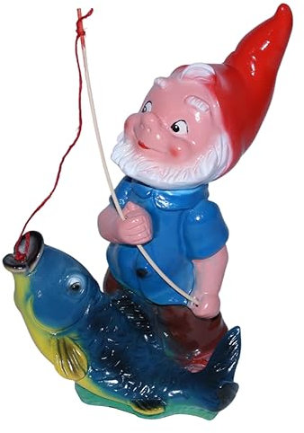 OMÜ Otto Müller Gartenzwerg Angler mit Fisch Figur Zwerg H 36 cm Gartenfigur aus Kunststoff