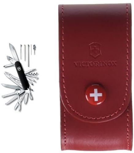 Victorinox Swiss Champ Couteau de Poche Suisse, Léger, Multitool, 33 Fonctions, Lame, Ciseaux, Tire Bouchon, Noir & Etui cuir pour Couteau Suisse, rouge