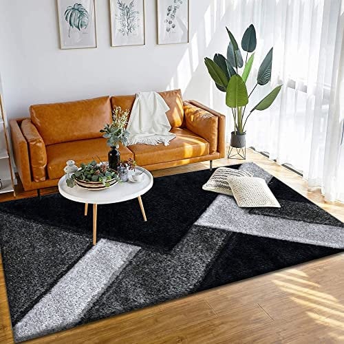 PHP Stylish Large Area Rugs For Living Room - Non Shedding Dense Pile Shaggy Rug For Bedroom Kitchen Carpet Runner Non Slip Floor Mat - Black Grey Silver-Nova, 80 x 150 cm