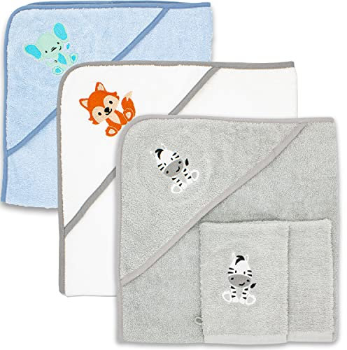 Babykajo Baby-Kapuzenhandtuch-Set mit 2 Waschlappen, Öko-Tex Standard 100 zertifiziert, weiches Frottee-Babyhandtuch mit Kapuze, 80 x 80 cm