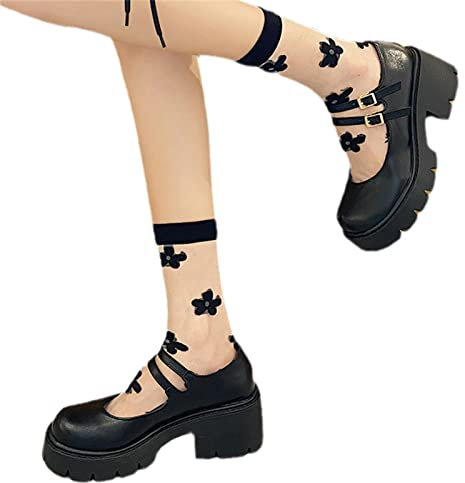 EGSDMNVSQ Damen Schwarz Mary Jane Schuhe Sweet Toe Knöchel Gothic Plattform Frauen Pumps Schuhe Chunky Plattform Gothic Schuhe Lackleder Kleid Schuhe Süße