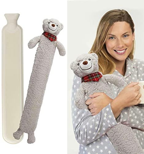 ADEPTNA Extra Long Hot Water Bottle with Sherpa Animal Character - Soft Plush Faux Fur Cover - Comfortable, Safe, Anti-Leak - Body Hot Water Bottle for Neck and Shoulder, Back, Legs, Waist (Grey)