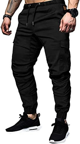 Elegancity Schwarze Cargohose Herren Chino Hose mit 6 Taschen Cargo Hose Stretch Jogginghose für Männer mit Bundgummi Elastische Hosen S