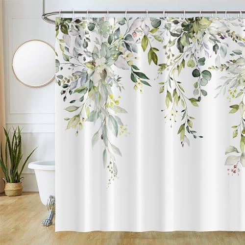 Uiiooazy Rideau Douche Vert Sauge, Rideau de Douche Feuilles d'eucalyptus Fleur Rose Rideaux de Baignoire Anti Moisissure Imperméable Tissu Polyester Rideaux Salle de Bain avec 12 Crochets 180x240cm