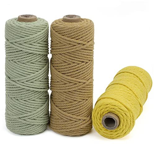 LEREATI Makramee Garn 3mm Set, 150m Makramee-Schnur, Farbig Baumwollseil, Baumwollgarn 3mm zum Makramee Deko, Hängepflanze, Wandbehang, Hochzeitsbogen (Bohnengrün, Kaffee, Zitronengelb)