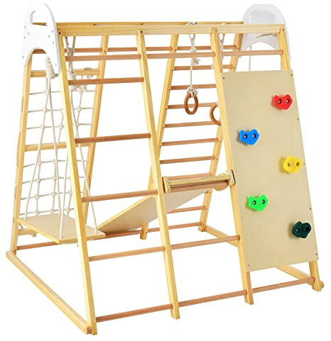 GYMAX 8 in 1 Kids Climbing Set, Indoor Playground Toddler Climber Slide Playset with Swing, Climbing Rock/Net, Monkey Bars and Rope Ladder, Wooden Climbing Toys for 3 Year Olds + (Natural)