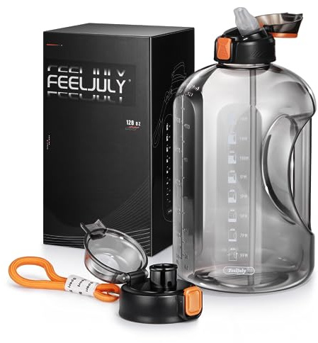 Feeljuly 1 Gallon Water Bottle with Straw, 128 oz Large Water Jug with Times to Drink, Reusable Leak Proof with Handle, 2 Lids BPA Free Big Sports Bottles for Fitness Gym Camping (Grey, 128 Ounces)