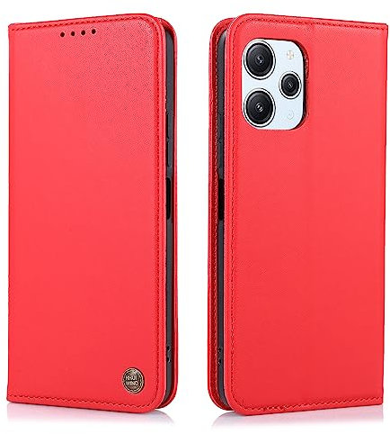 HHUIWIND LederHülle für Xiaomi Redmi 12 4G / 5G (6.79 Zoll) Hülle,Premium PU Schutzhülle Magnetverschluss Handyhülle Klappbar Flip Case Cover für Xiaomi Redmi 12 4G / 5G - Rot