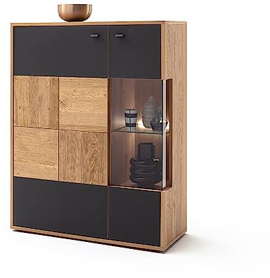 Lomadox Highboard Vitrinenschrank in Eiche Bianco teilmassiv, B/H/T ca. 94/120/37 cm
