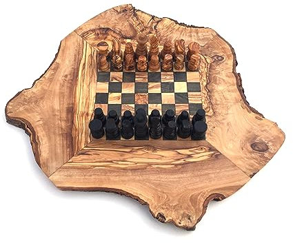 Scacchiera rustica, misura a scelta, S/M/L/XL, con 32 personaggi di scacchi, fatti a mano, in legno d'ulivo, idea regalo (S)