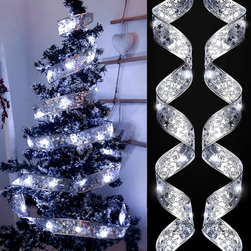 Weihnachtsband Deko, 5M Weihnachtsbaum Band Schleife, Weihnachtsband, Glänzende Spitze Band Dekor, Weihnachtsbaum Deko für Indoor Outdoor Weihnachtsbaumschmuck Party Hochzeit Urlaubsdeko (Silber)